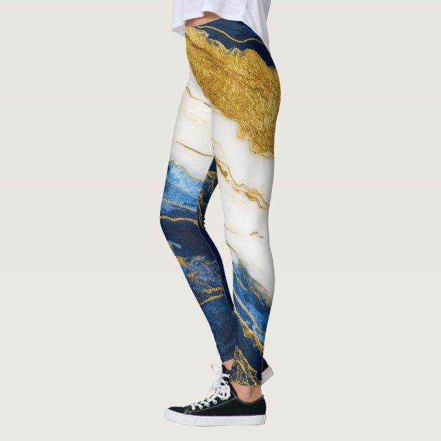 Luxurious Navy Blue & Gold Leaf Marble Leggings (Left)