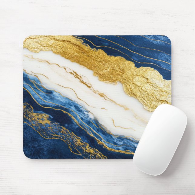 Luxurious Navy Blue & Gold Leaf Marble Mouse Mat (With Mouse)