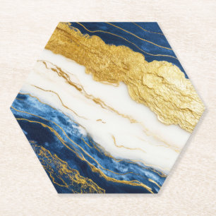 Luxurious Navy Blue & Gold Leaf Marble Paper Coaster