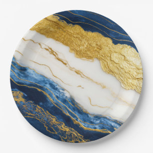 Luxurious Navy Blue & Gold Leaf Marble Paper Plate