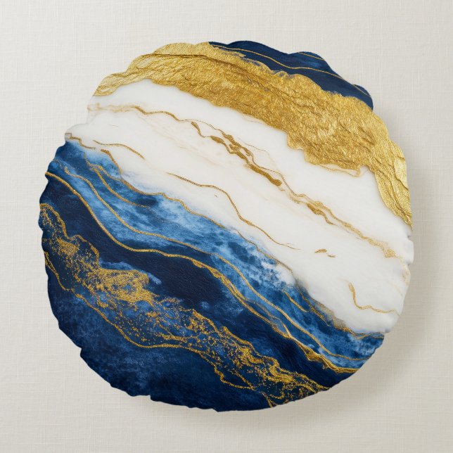 Luxurious Navy Blue & Gold Leaf Marble Round Cushion (Front)