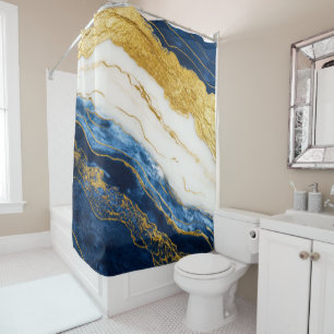 Luxurious Navy Blue & Gold Leaf Marble Shower Curtain