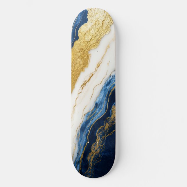 Luxurious Navy Blue & Gold Leaf Marble Skateboard (Front)