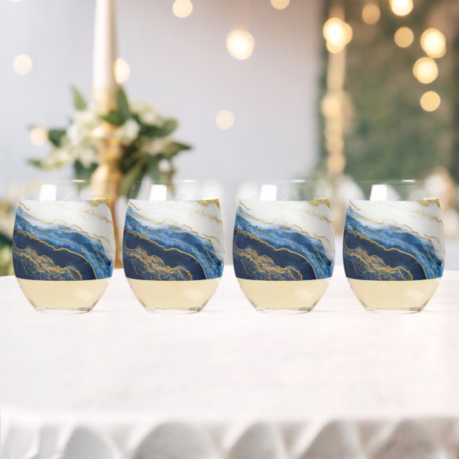 Luxurious Navy Blue & Gold Leaf Marble Stemless Wine Glass (Insitu (Wedding))