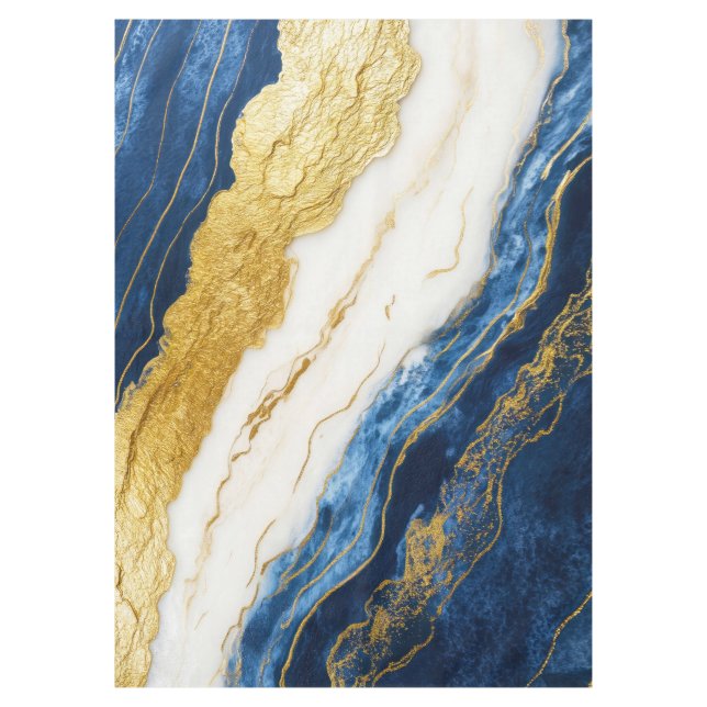 Luxurious Navy Blue & Gold Leaf Marble Tablecloth (Front)