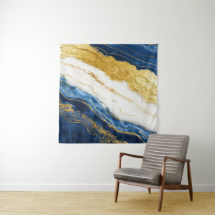 Luxurious Navy Blue & Gold Leaf Marble Tapestry