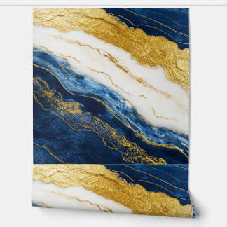 Luxurious Navy Blue & Gold Leaf Marble Wallpaper