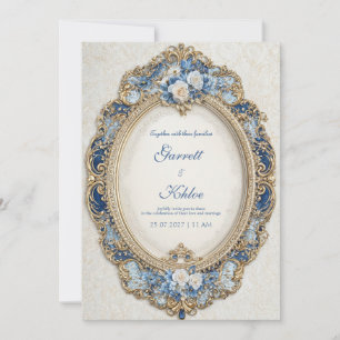 Luxurious Navy Blue Gold Rococo Oval Frame Wedding Invitation