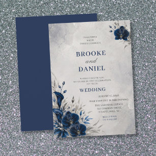 Luxurious Navy Orchid Calla Lily Silver Wedding Invitation