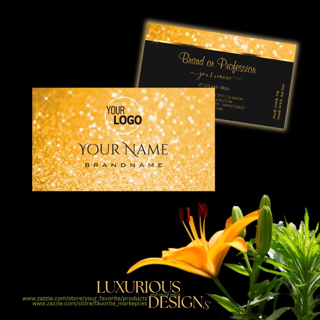 Luxurious Orange Glitter Luminous Stars add Logo Business Card (Creator Uploaded)