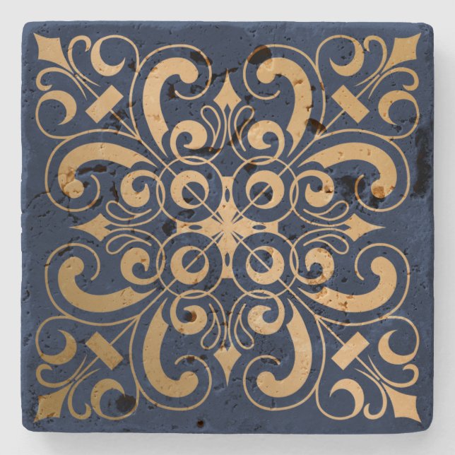 Luxurious Ornate Gold Navy Stone Coaster (Front)