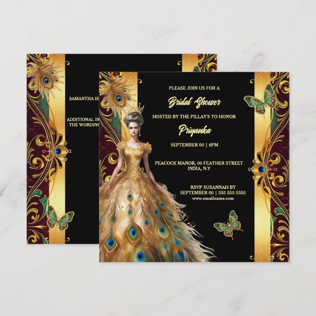 Luxurious peacock ballgown feather gold black chic holiday card (Front/Back)