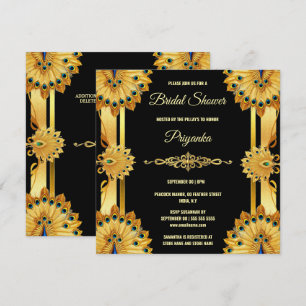 Luxurious peacock feather fan gold black elegant holiday card