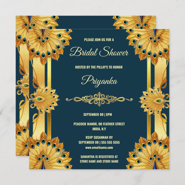 Luxurious peacock feather fan gold teal elegant holiday card (Front/Back)