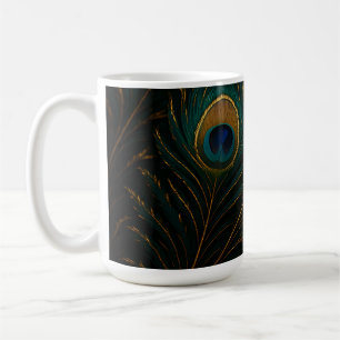 Luxurious Peacock Feathers Golden Teal Pattern Coffee Mug