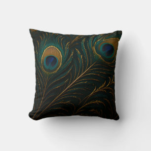 Luxurious Peacock Feathers Golden Teal Pattern Cushion