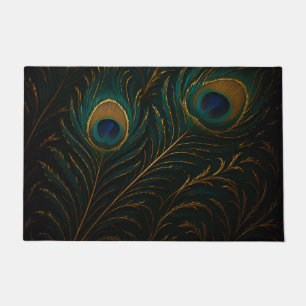 Luxurious Peacock Feathers Golden Teal Pattern Doormat