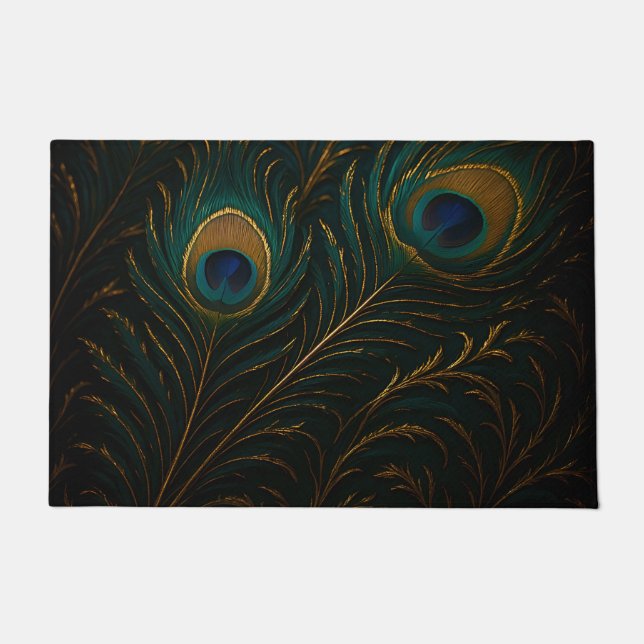 Luxurious Peacock Feathers Golden Teal Pattern Doormat (Front)