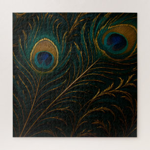Luxurious Peacock Feathers Golden Teal Pattern Jigsaw Puzzle