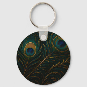 Luxurious Peacock Feathers Golden Teal Pattern Key Ring