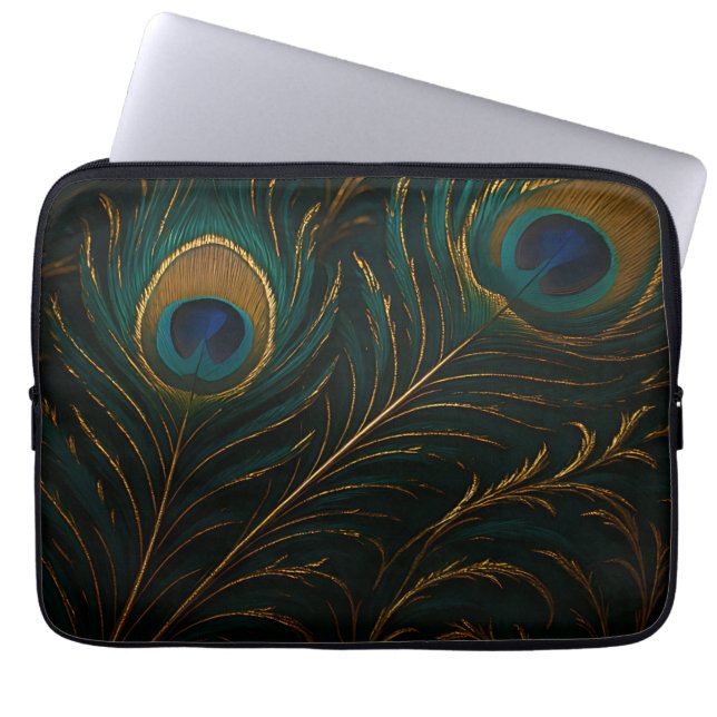 Luxurious Peacock Feathers Golden Teal Pattern Laptop Sleeve (Front)