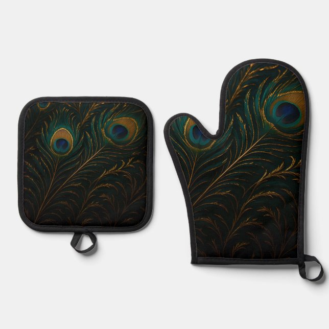 Luxurious Peacock Feathers Golden Teal Pattern Oven Mitt & Pot Holder Set (Front)