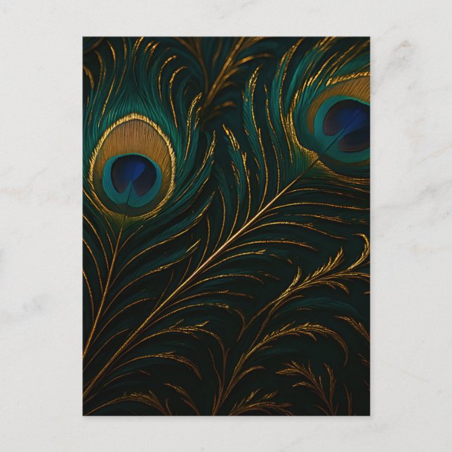 Luxurious Peacock Feathers Golden Teal Pattern Postcard (Front)