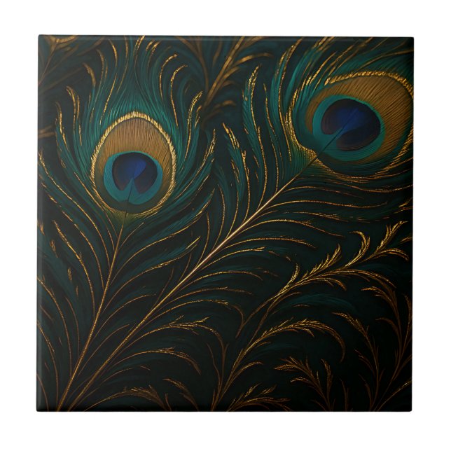 Luxurious Peacock Feathers Golden Teal Pattern Tile (Front)
