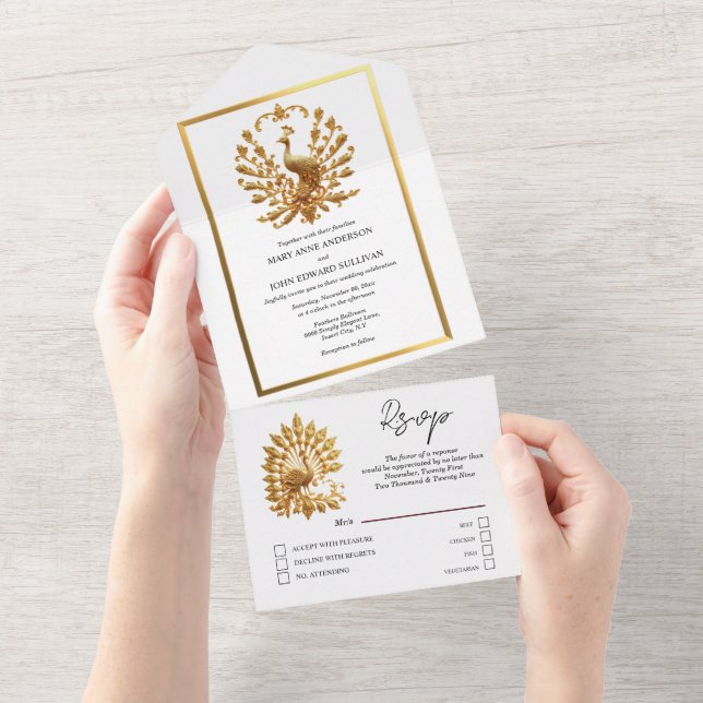 Luxurious peacock gold white elegant bird Indian All In One Invitation (Tearaway)