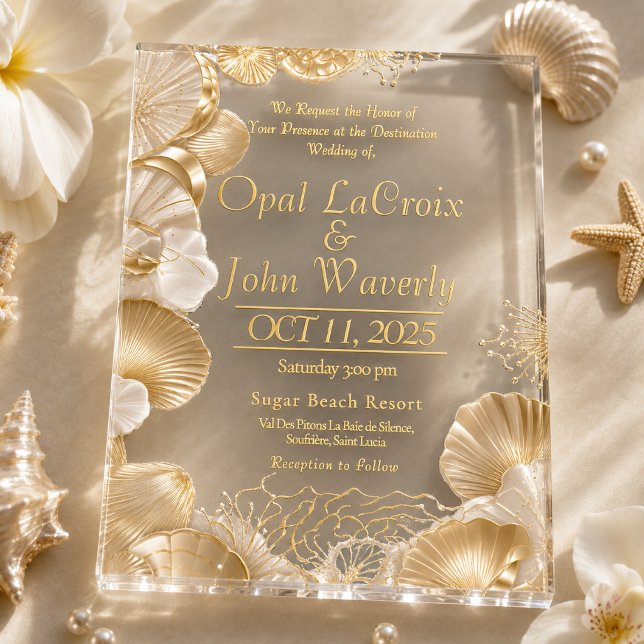 Luxurious Pearl and Gold Seashell Acrylic Wedding Invitations (Elegant Coastal Destination Wedding Acrylic Invitation )
