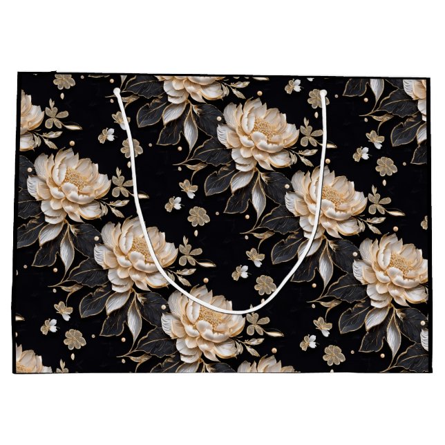 Luxurious pearl black peony flower pattern elegant large gift bag (Back)