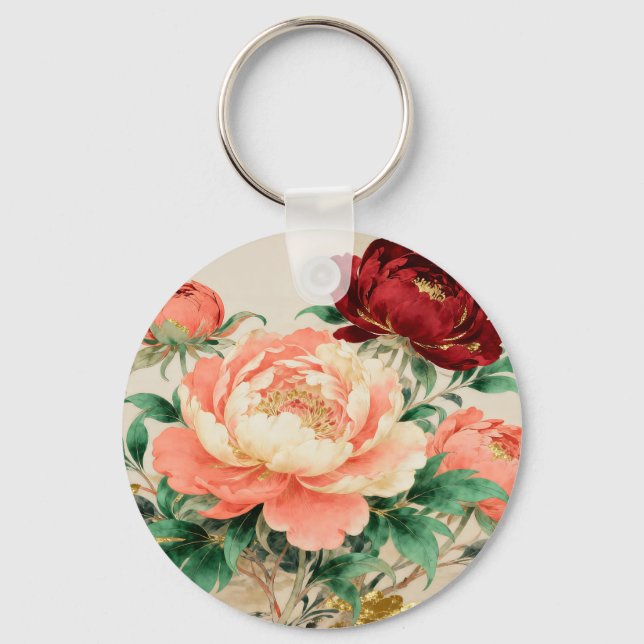 Luxurious Peony Floral Bouquet Key Ring (Front)