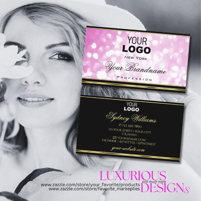 Luxurious Pink Glitter Black Gold Border and Logo Business Card (Creator Uploaded)