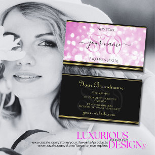 Luxurious Pink Glitter Black Gold Border Initials Business Card