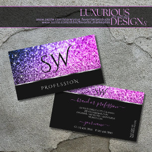 Luxurious Pink Purple Glitter Stars Black Initials Business Card