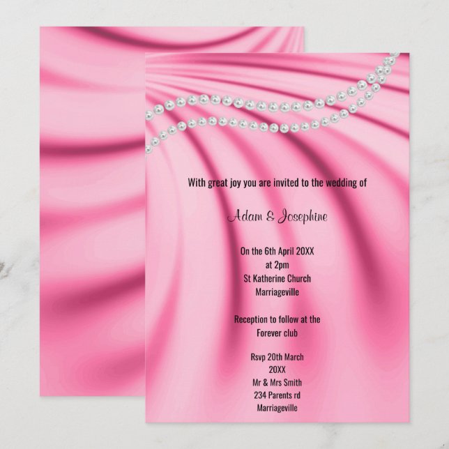 LUXURIOUS PINK SATIN PEARL ELEGANT WEDDING INVITATION (Front/Back)