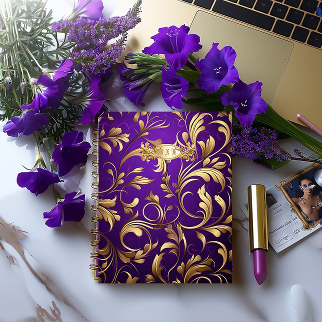 Luxurious Purple and Gold Damask Monogrammed  Notebook (Chic Bold Monogrammed Royal Purple and Gold Damask Notebook / Planner -Glossy Soft Cover or Matte Ha)