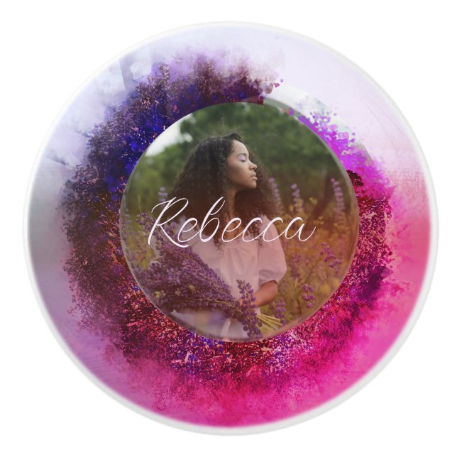 Luxurious Purple and Pink Ombre Circle Frame Photo Ceramic Knob (Front)