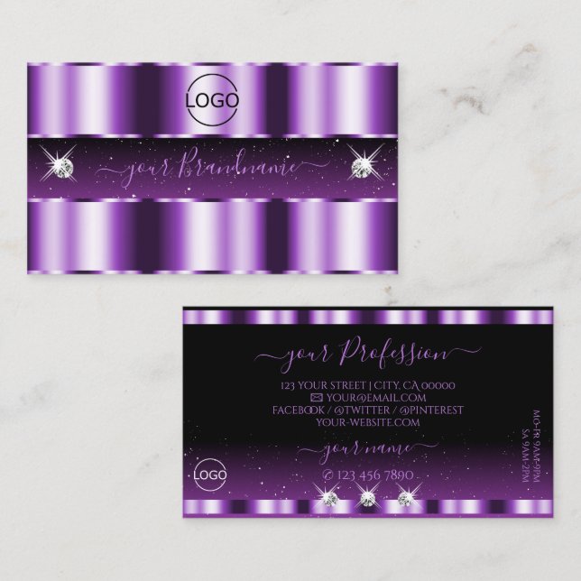Luxurious Purple Black Sparkling Diamonds Add Logo Business Card (Front/Back)