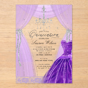 Luxurious Purple Chandelier Sparkle Quinceanera Acrylic Invitations