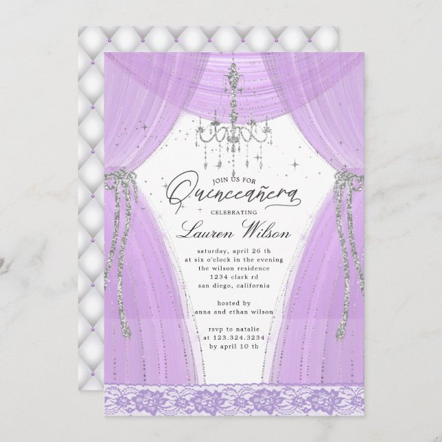 luxurious purple chandelier sparkle Quinceanera Invitation (Front/Back)