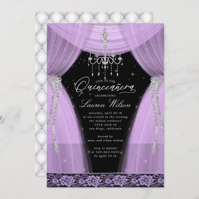 luxurious purple chandelier sparkle Quinceanera Invitation (Front/Back)