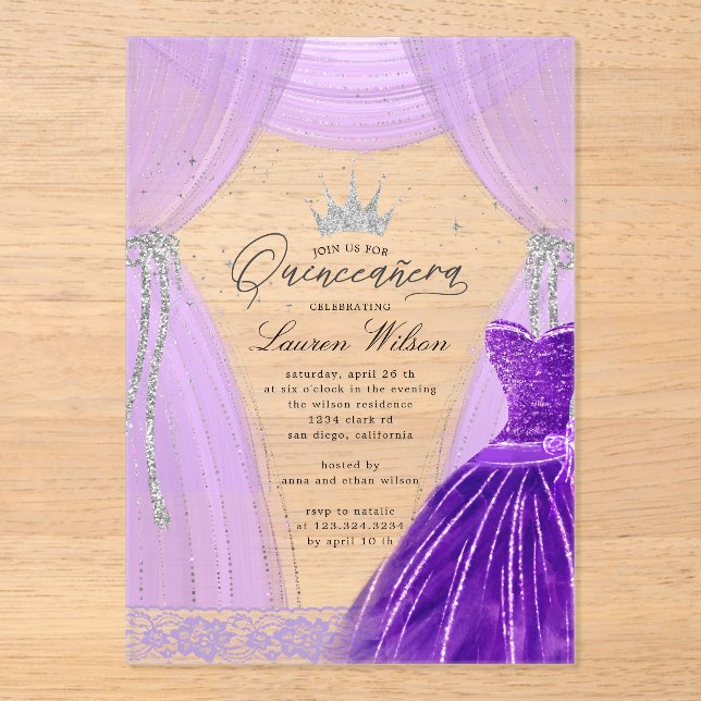 Luxurious Purple Princess Sparkle Quinceanera Acrylic Invitations (Front)