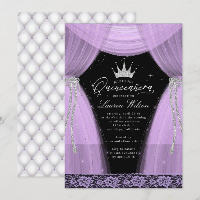 luxurious purple princess sparkle Quinceanera Invitation (Front/Back)