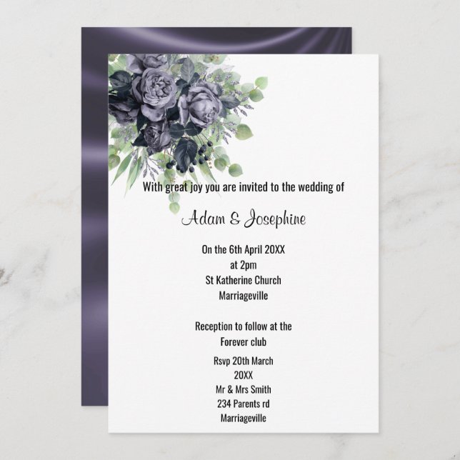 LUXURIOUS PURPLE SATIN FLORAL ELEGANT 2 WEDDING  INVITATION (Front/Back)