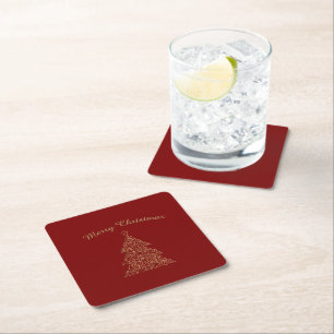 Luxurious Red and Gold Personalized Christmas Square Paper Coaster