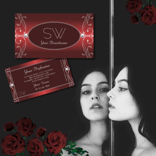 Luxurious Red Ornate Sparkling Diamonds Initials Business Card (Creator Uploaded)