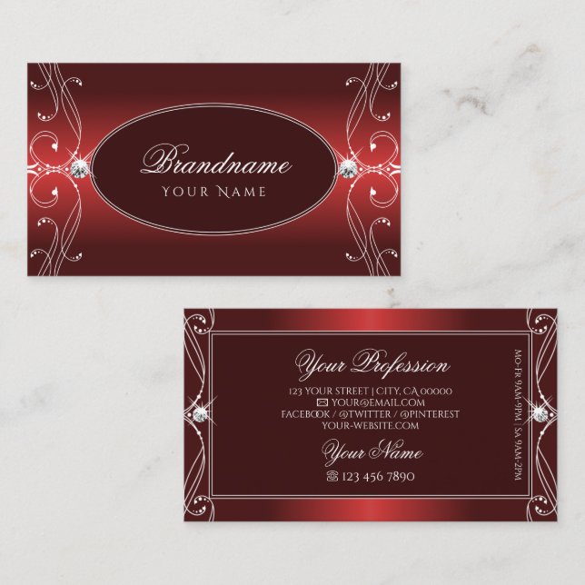 Luxurious Red Ornate Sparkling Diamonds Ornamental Business Card (Front/Back)
