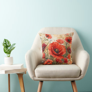 Luxurious Red Poppy Garden Watercolor Cushion