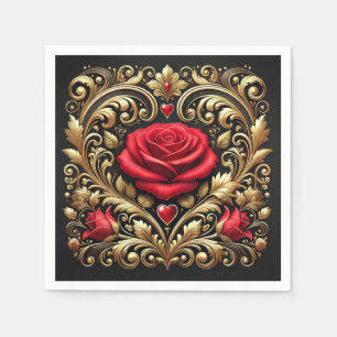 Luxurious Red Rose and Gold Heart Artwork Paper Napkin